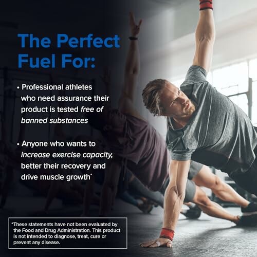 Athlete stretching in a gym with motivational text about product benefits.