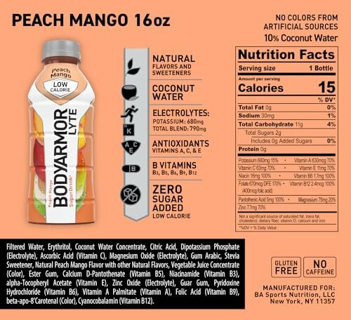 BodyArmor Lyte Peach Mango 16oz nutrition label and bottle