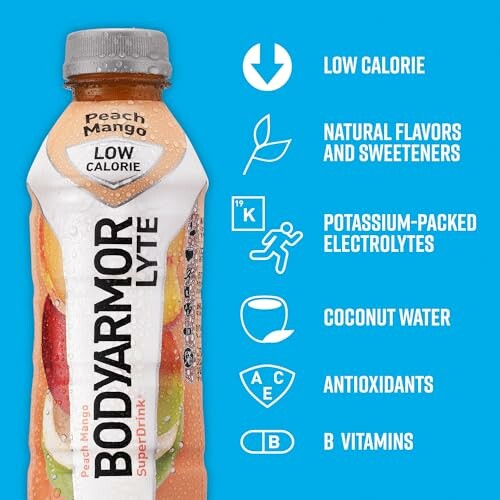 BodyArmor Lyte Peach Mango drink with benefits listed.