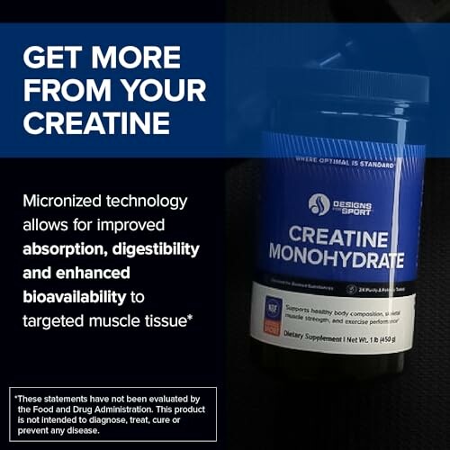 Creatine monohydrate supplement with text on benefits and FDA disclaimer.