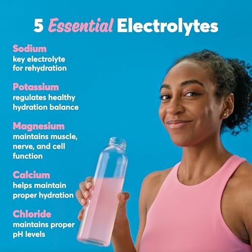 Woman holding a bottle with text about five essential electrolytes.