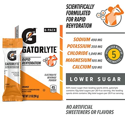 Gatorlyte rapid rehydration electrolyte beverage powder with lower sugar, orange flavor, 6-pack.