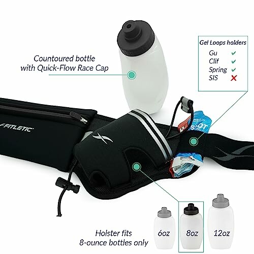 Hydration belt with contoured bottle and gel holders.