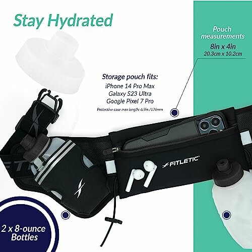 Hydration belt with pouches for phones and bottles.