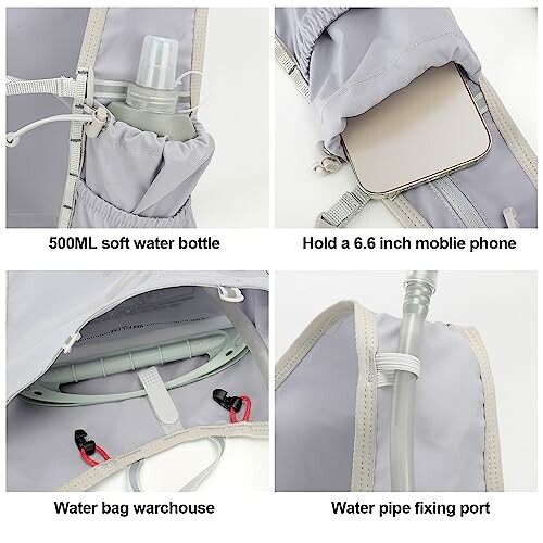 Hydration pack with soft water bottle, phone pocket, water bag storage, pipe fixing port.