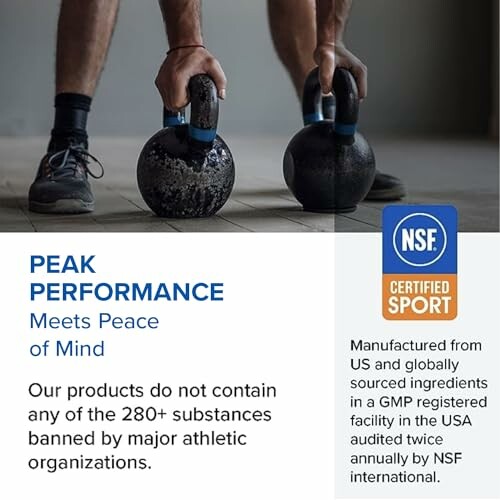 Person lifting kettlebells with NSF Certified Sport label.