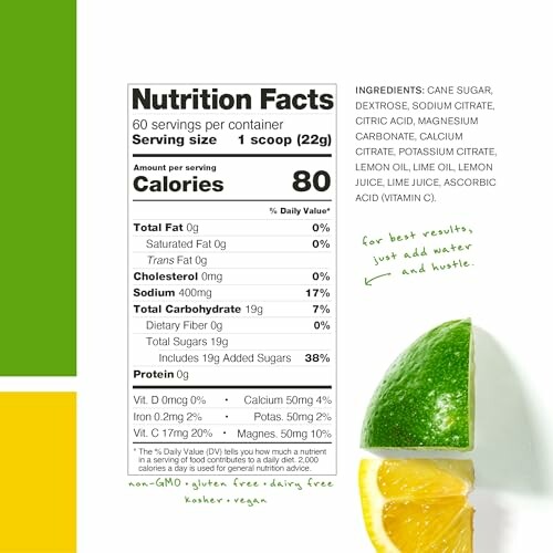 Nutrition facts and ingredients for a supplement with lime and lemon wedges