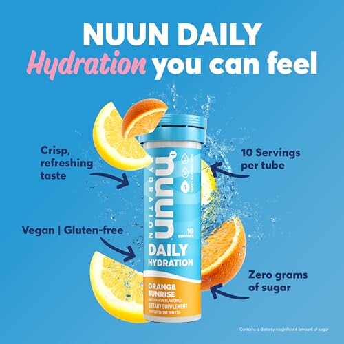 Nuun Daily hydration supplement with orange slices, vegan and gluten-free, zero sugar.